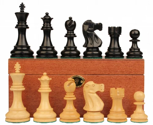Deluxe Old Club Staunton Chess Set Ebony & Boxwood Pieces with Mahogany Chess Box - 3.25" King - Image 1
