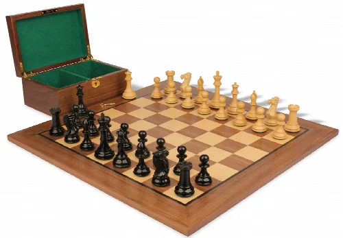 New Exclusive Staunton Chess Set Ebonized & Boxwood Pieces with Classic Walnut Board & Box - 3" King - Image 1