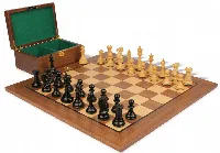 New Exclusive Staunton Chess Set Ebonized & Boxwood Pieces with Classic Walnut Board & Box - 3" King
