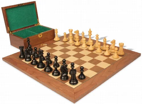 New Exclusive Staunton Chess Set Ebonized & Boxwood Pieces with Walnut & Maple Deluxe Board & Box - 4" King - Image 1