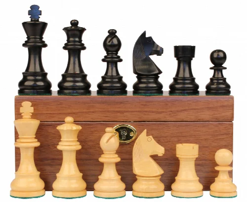 German Knight Staunton Chess Set Ebonized & Boxwood Pieces with Walnut Box - 3.75" King - Image 1