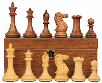 New Exclusive Staunton Chess Set Golden Rosewood & Boxwood Pieces with Walnut Chess Box - 3" King
