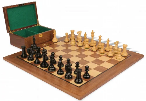 New Exclusive Staunton Chess Set in Ebony & Boxwood with Classic Walnut Board & Box - 3" King - Image 1