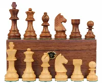 German Knight Staunton Acacia & Boxwood Pieces with Walnut Chess Box - 3.75" King