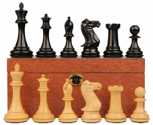 New Exclusive Staunton Chess Set Ebony & Boxwood Pieces with Mahogany Chess Box - 3" King - Image 1