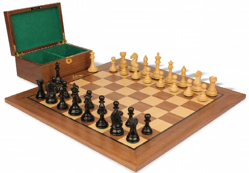 Fierce Knight Staunton Chess Set in Ebony & Boxwood Set with Classic Walnut Board & Box - 3" King - Image 1