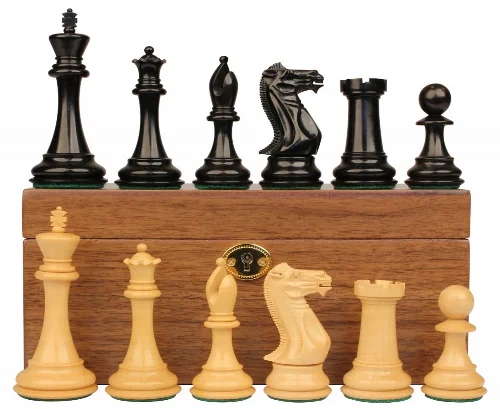 New Exclusive Staunton Chess Set Ebony & Boxwood Pieces with Walnut Chess Box - 3" King - Image 1
