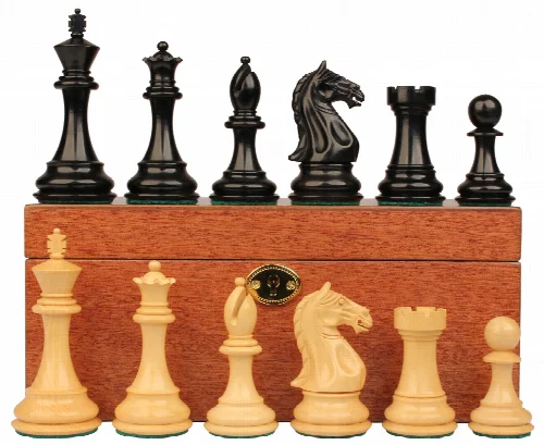 Fierce Knight Staunton Chess Set Ebonized & Boxwood Pieces with Mahogany Chess Box - 3" King - Image 1