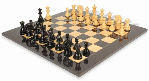 Patton Staunton Chess Set Ebony & Boxwood Pieces with Black & Ash Burl Chess Board - 4.25" King - Image 1