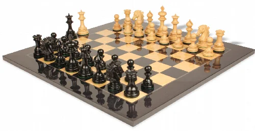 Wellington Staunton Chess Set Ebony & Boxwood Pieces with Black & Ash Burl Chess Board - 4.25" King - Image 1
