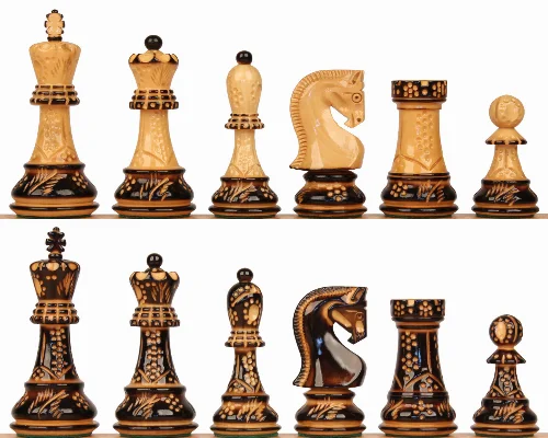 Zagreb Series Decorative Chess Set with Burnt Boxwood Pieces - 3.875" King - Image 1