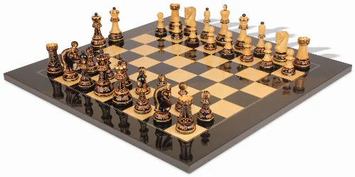 Zagreb Series Chess Set Decorative Burnt Boxwood Pieces with Black & Ash Burl Board - 3.875" King - Image 1