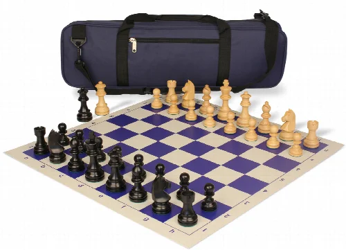 German Knight Carry-All Chess Set Ebonized & Boxwood Pieces - Blue - Image 1