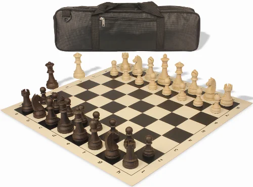 German Knight Carry-All Plastic Chess Set Wood Grain Pieces with Vinyl Rollup Board - Black - Image 1