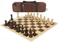 German Knight Carry-All Plastic Chess Set Wood Grain Pieces with Vinyl Rollup Board - Brown