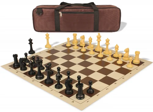 Master Series Carry-All Triple Weighted Plastic Chess Set Black & Camel Pieces with Vinyl Rollup Board - Brown - Image 1