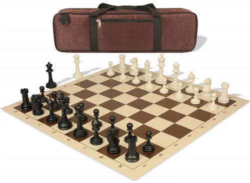Master Series Carry-All Triple Weighted Plastic Chess Set Black & Ivory Pieces with Vinyl Rollup Board - Brown - Image 1