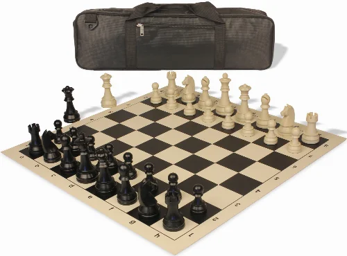 German Knight Carry-All Plastic Chess Set Black & Aged Ivory Pieces with Vinyl Rollup Board - Black - Image 1