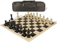 German Knight Carry-All Plastic Chess Set Black & Aged Ivory Pieces with Vinyl Rollup Board - Black