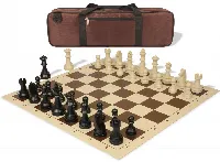 German Knight Carry-All Plastic Chess Set Black & Aged Ivory Pieces with Vinyl Rollup Board - Brown