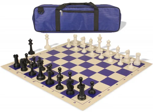 Master Series Carry-All Plastic Chess Set Black & Ivory Pieces with Vinyl Rollup Board - Blue - Image 1