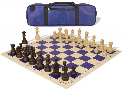 German Knight Carry-All Plastic Chess Set Wood Grain Pieces with Vinyl Rollup Board - Blue - Image 1