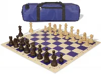 German Knight Carry-All Plastic Chess Set Wood Grain Pieces with Vinyl Rollup Board - Blue