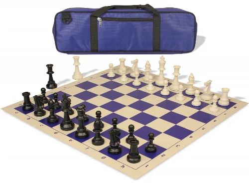 Standard Club Carry-All Triple Weighted Plastic Chess Set Black & Ivory Pieces with Vinyl Rollup Board - Blue - Image 1