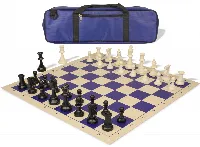 Standard Club Carry-All Triple Weighted Plastic Chess Set Black & Ivory Pieces with Vinyl Rollup Board - Blue