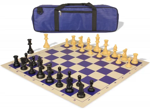 Standard Club Carry-All Triple Weighted Plastic Chess Set Black & Camel Pieces with Vinyl Rollup Board - Blue - Image 1
