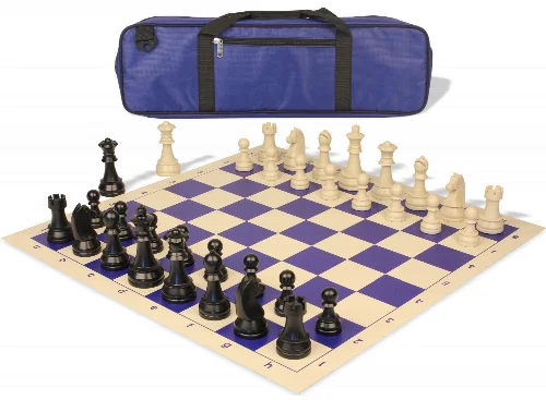 German Knight Carry-All Plastic Chess Set Black & Aged Ivory Pieces with Vinyl Rollup Board - Blue - Image 1