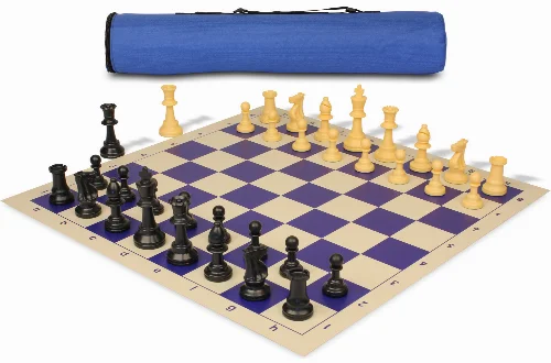 Archer's Bag Standard Club Plastic Chess Set Black & Camel Pieces - Blue - Image 1