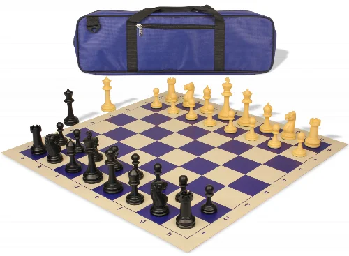 Master Series Carry-All Plastic Chess Set Black & Camel Pieces with Vinyl Rollup Board - Blue - Image 1