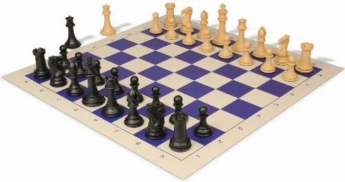 Professional Plastic Chess Set Black & Camel Pieces with Vinyl Rollup Board - Blue - Image 1