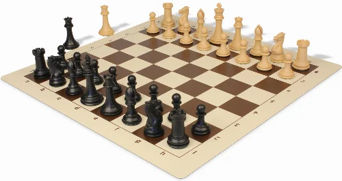 Professional Plastic Chess Set Black & Camel Pieces with Vinyl Rollup Board - Brown - Image 1