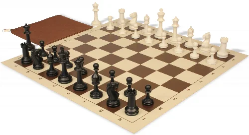 Master Series Classroom Triple Weighted Plastic Chess Set Black & Ivory Pieces with Vinyl Roll-up Board & Bag - Brown - Image 1