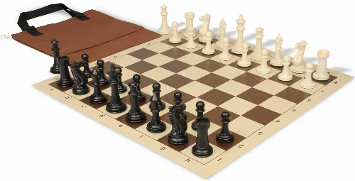 Executive Easy-Carry Plastic Chess Set Black & Ivory Pieces with Vinyl Rollup Board - Brown - Image 1