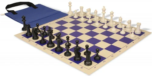 Master Series Easy-Carry Triple Weighted Plastic Chess Set Black & Ivory Pieces with Vinyl Rollup Board - Blue - Image 1