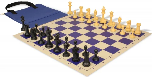 Master Series Easy-Carry Plastic Chess Set Black & Camel Pieces with Vinyl Rollup Board - Blue - Image 1