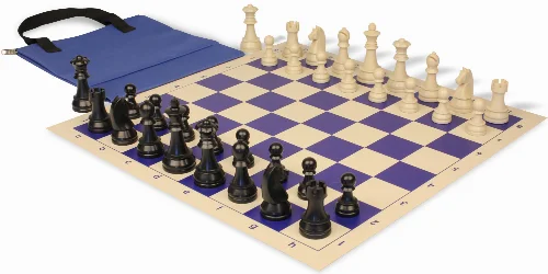 German Knight Easy-Carry Plastic Chess Set Black & Aged Ivory Pieces with Vinyl Rollup Board - Blue - Image 1