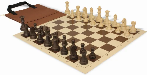 German Knight Easy-Carry Plastic Chess Set Wood Grain Pieces with Vinyl Rollup Board - Brown - Image 1