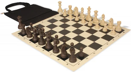 German Knight Easy-Carry Plastic Chess Set Wood Grain Pieces with Vinyl Rollup Board - Black - Image 1