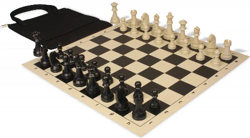 German Knight Easy-Carry Plastic Chess Set Black & Aged Ivory Pieces with Vinyl Rollup Board - Black - Image 1