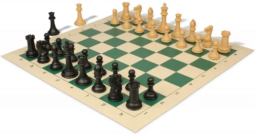 Professional Plastic Chess Set Black & Camel Pieces with Vinyl Rollup Board - Green - Image 1