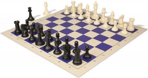 Professional Plastic Chess Set Black & Ivory Pieces with Vinyl Rollup Board - Blue - Image 1