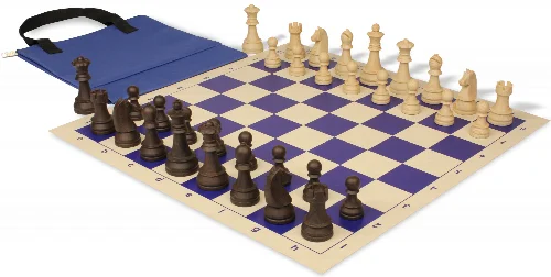 German Knight Easy-Carry Plastic Chess Set Wood Grain Pieces with Vinyl Rollup Board - Blue - Image 1