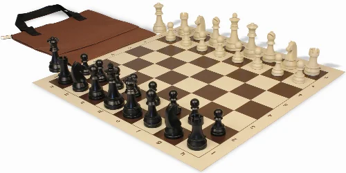 German Knight Easy-Carry Plastic Chess Set Black & Aged Ivory Pieces with Vinyl Rollup Board - Brown - Image 1