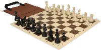 German Knight Easy-Carry Plastic Chess Set Black & Aged Ivory Pieces with Vinyl Rollup Board - Brown