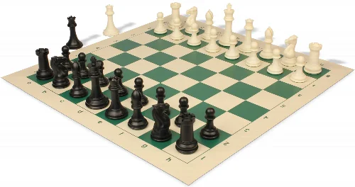 Professional Plastic Chess Set Black & Ivory Pieces with Vinyl Rollup Board - Green - Image 1