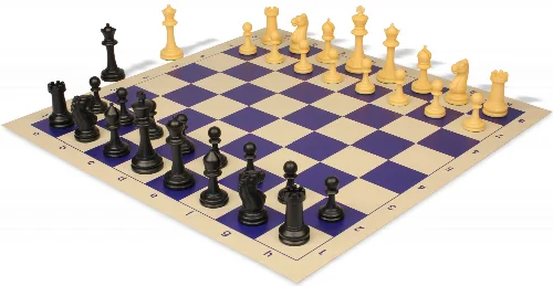 Master Series Plastic Chess Set Black & Camel Pieces with Vinyl Rollup Board - Blue - Image 1